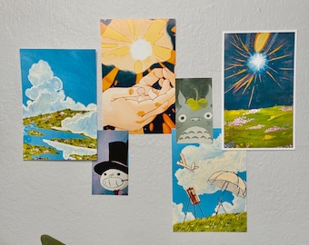 Ghibli-Inspired Art Print Set – Studio Ghibli Wall Decor | Howl's Moving Castle & Wind Rises Inspired | Whimsical Landscape Prints