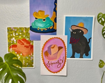 Western & Whimsy Art Print Set – Frog, Cat and Floral Cowboy Art | Cottagecore Western Wall Decor | Frog and Cowgirl Aesthetic
