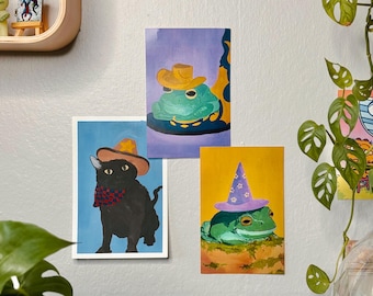 Storybook Creatures Art Print Set – Frog & Cat Art | Cowboy Frog, Wizard Frog, Cowboy Cat | Whimsical Animal Wall Decor