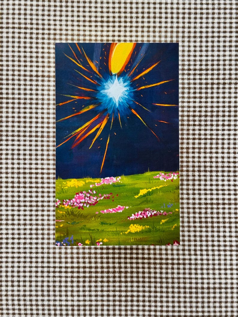 May include: An original painting depicting a celestial event. A bright blue starburst with yellow and orange rays dominates a dark blue sky. The foreground features a green field with pink and yellow flowers.