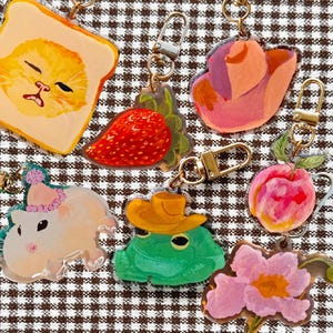 Portachiavi in acrilico originale: gatto, rana, pesca, cappello da cowboy