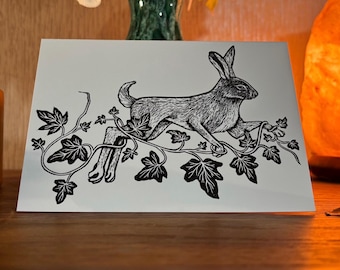 Hare in the ivy illustrated A6 Greeting card (Black and White)