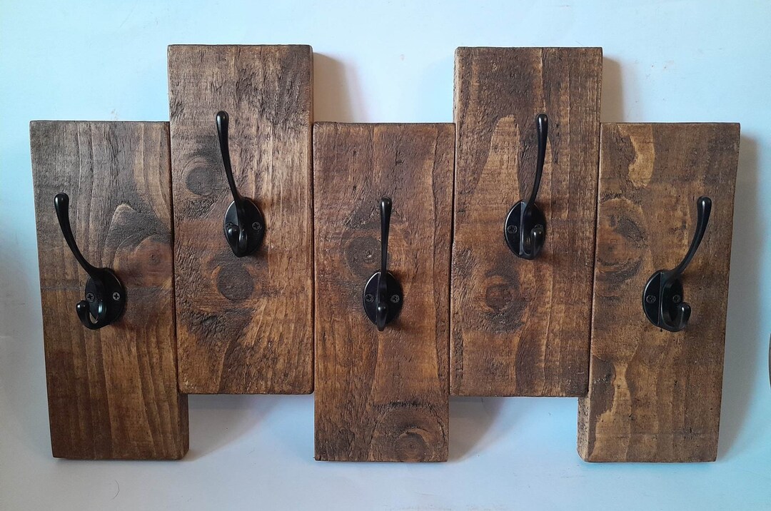 Handmade Wooden Coat Rack Coat Hook Reclaimed Pallet Wood Black, Polished Chrome, Brass Dark Oak