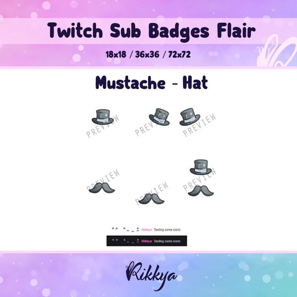 Twitch Bit/Cheer Sub Badge Flair - Mustache Hat - Instant download / P2U. Premade stream design. Gamer pack