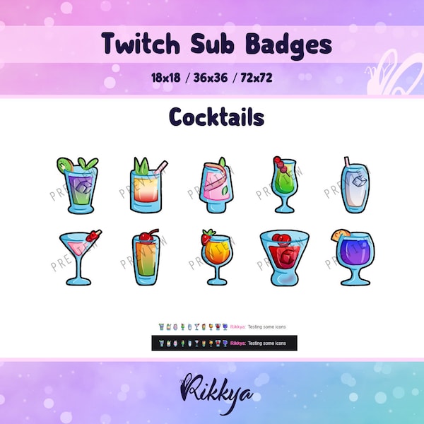 Twitch Bit/Cheer Sub Badge - Rainbow Cocktails/fruit - Instant download / P2U. Premade stream design. Gamer pack