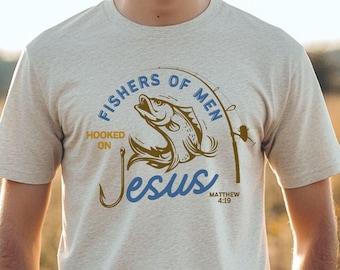 Christian Men's T-Shirt - Fishers of Men - Hooked on Jesus - Religious Gift-Christian Shirt