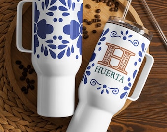 Monogrammed Talavera Travel Tumbler/Mexican Design Travel Mug With Handle/Personalized 25oz and 40oz Mug/Custom Mug