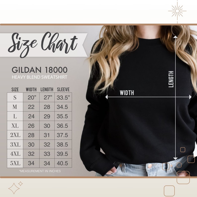 May include: Size chart for Gildan 18000 heavy blend sweatshirts. The chart shows measurements in inches for width, length, and sleeve length for sizes S through 5XL.