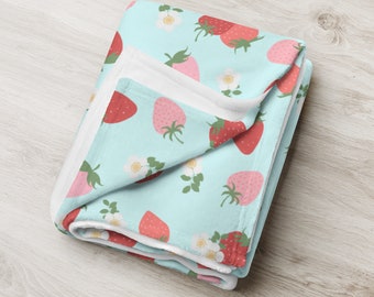 Strawberry Print Velveteen Plush Blanket/Living Room Accent Throw Blanket/Cottagecore/Farmhouse Home Decor