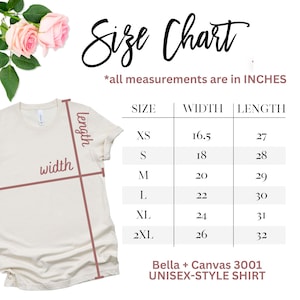 May include: Size chart for a unisex t-shirt, showing measurements in inches for width and length. Sizes include XS, S, M, L, XL, and 2XL.