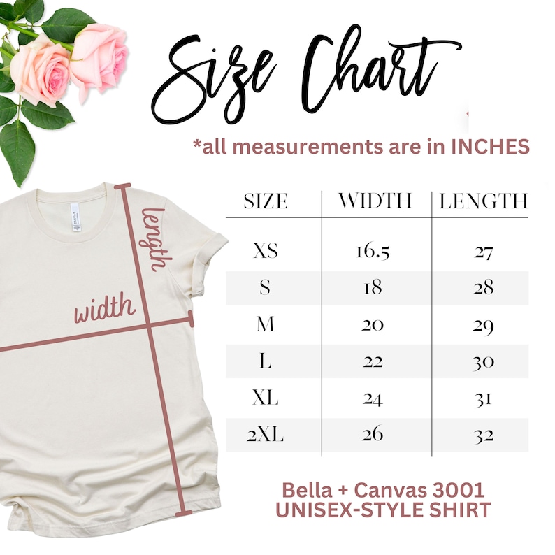 May include: Size chart for a unisex t-shirt, showing measurements in inches for width and length. Sizes include XS, S, M, L, XL, and 2XL.