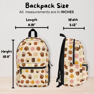 May include: A beige backpack with a colorful pattern of Mexican pastries and hot chocolate mugs. The backpack measures 18.11 inches in height, 11.81 inches in length, and 5.12 inches in width.