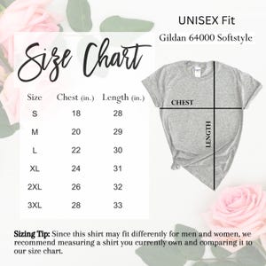 May include: Size chart for unisex t-shirts, showing chest and length measurements in inches. The chart is labeled "Unisex Fit Gildan 64000 Softstyle".