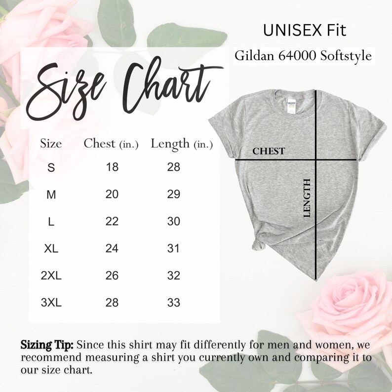 May include: Size chart for unisex t-shirts, showing chest and length measurements in inches. The chart is labeled "Unisex Fit Gildan 64000 Softstyle".