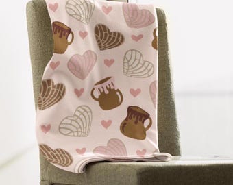 Pink Concha Throw Blanket/Pan Dulce Velveteen Plush Blanket/Gift Her/Mexican Sweet Bread/Pink Heart/Living Room Couch Throw