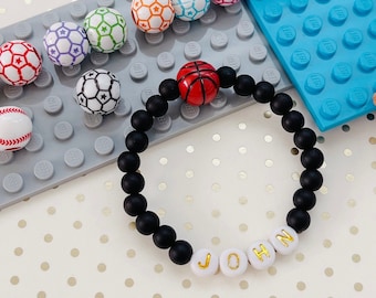 Boys Name Bracelet with Black Beads | Toddler Sports Theme Gift | Basketball Soccer Baseball Gift | Boys Birthday Gift | Party Favor