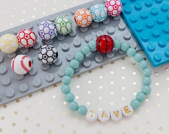 Boys Name Bracelet with Dusty Green Beads | Toddler Sports Theme Gift | Basketball Soccer Baseball Gift | Boys Birthday Gift | Party Favor