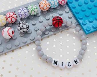 Boys Name Bracelet with Gray Beads | Toddler Sports Theme Gift | Basketball Soccer Baseball Gift | Boys Birthday Gift | Party Favor