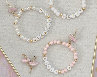 3D PINK Ballerina Dancing Girl charm 24K beads Personalized Bracelet | Birthday Gift | Kids Jewelry | Recital