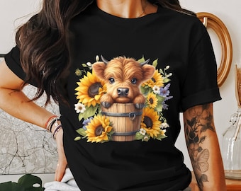 Sunflower Highland Cow Clipart PNG, Watercolor Sunflowers, Highland Cow Sublimation, Highland Cow and Flowers PNG, Digital download Clipart
