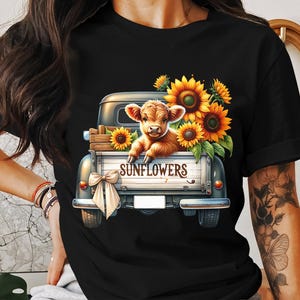 Sunflower Highland Cow Clipart PNG, Sunflower Truck Clipart, Watercolor Sunflowers, Highland Cow Sublimation, Highland Cow and Flowers PNG