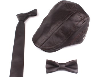 Leather Neck Tie ,Brown Ties For Men,Slim Necktie,Groom Tie,PU Leather Hat For Men, Gifts For Him,Skinny Men's Tie Cap Set,Wedding Bow Tie