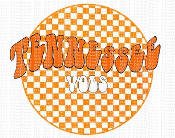 Könnte beinhalten: Orangefarbener und weißer karierter Kreis mit dem Text "Tennessee Vols" in einer Retro-Schrift.