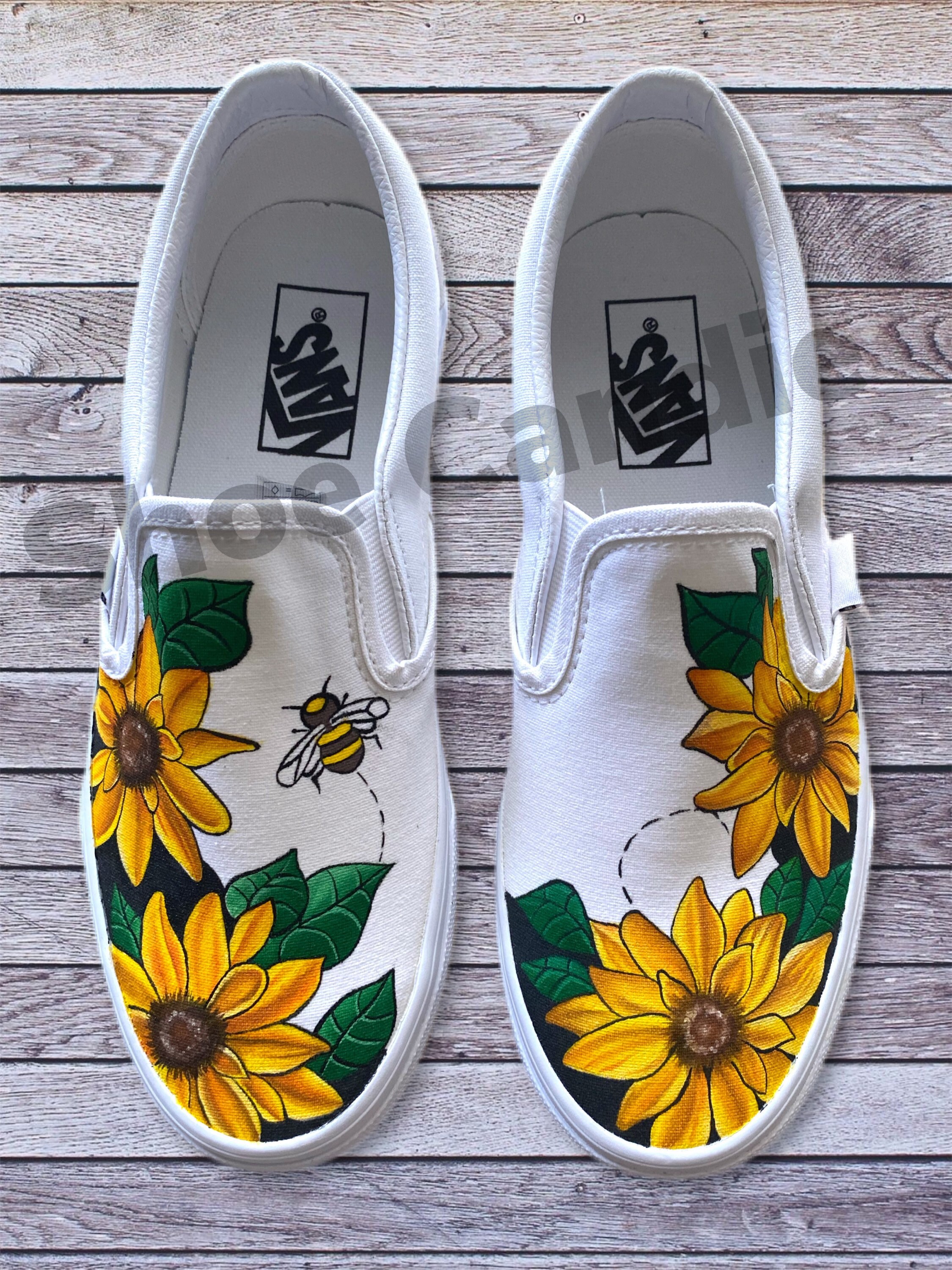Sunflower Custom Hand Painted Vans Sneakers Flower and Bee Sunflower