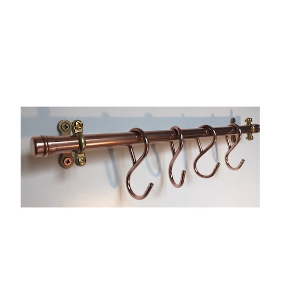 Pot Rack 24" With 6 Copper Hand Forged Rustic French Farmhouse Butcher Hooks