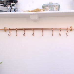 31&quot; Copper Pan Rack with 8 Hand-Forged Butcher Hooks – Rustic French Farmhouse Kitchen Rail