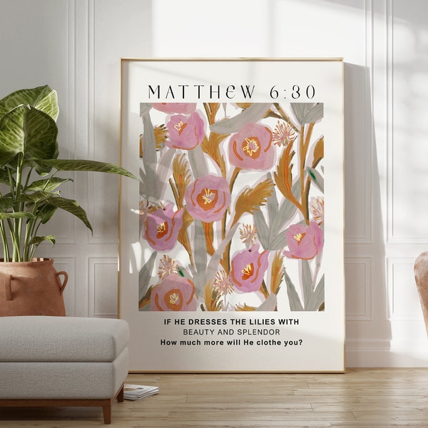 Matteüs 6 Bloemmotief | Gedrukt en verzonden | Modern schriftdecor | Bijbelversafdrukken | Christelijke woondecoratie | Christelijk geloof-poster