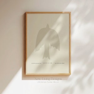 Beige John 8 Free Indeed Modern Illustration Poster, Bird Abstract Bible verse prints, Modern Christian Home Decor, Christian Faith Poster