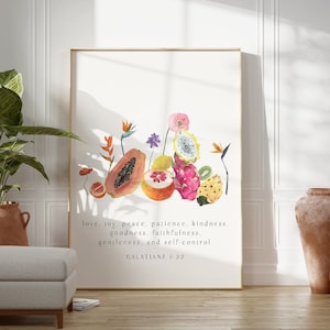 Impressão Fruta do Espírito Impressão tropical | Arte minimalista | Impresso e enviado, decoração moderna das escrituras, impressões de versículos da Bíblia, impressão de casa cristã