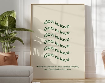GOD IS LOVE Green Wavy Printed Poster |Christian Aesthetic Faith Poster | Modern Scripture Decor | Bible verse prints | Christian Home Decor