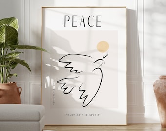 May include: A minimalist poster with a white background and a black line drawing of a dove with a gold circle in the background. The text "PEACE" is at the top of the poster and "FRUIT OF THE SPIRIT" is at the bottom.