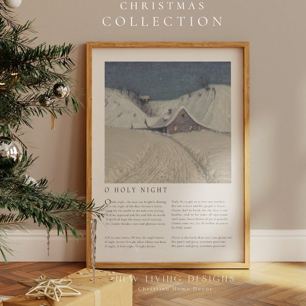 Affiche de Noël vintage Oh Holy Night, gravures de vers de la Bible de chants de Noël, décoration d'intérieur chrétienne fine art, affiche foi chrétienne