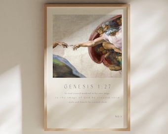 Genesi 1:27 La creazione dell'uomo Poster, Michelangelo, stampe di versetti della Bibbia, arredamento moderno cristiano per la casa, poster vintage sulla fede cristiana,
