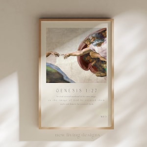 Genesis 1:27 The Creation of Man Poster, Michelangelo, Bible verse prints, Modern Christian Home Decor, Vintage Christian Faith Poster,