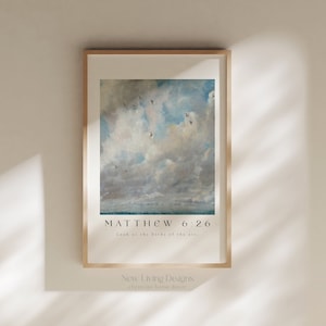 Matteo 6:26 Guarda gli uccelli del cielo, Poster, Arte delle nuvole, stampe di versetti della Bibbia, Decorazioni per la casa cristiane moderne, Poster di fede cristiana