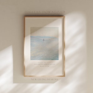 May include: A digital download print featuring a watercolour painting of a sailboat on a calm body of water with a quote from the Bible, "Peace, be still." And the wind ceased, and there was a great calm. Mark 4:39