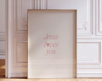 Pink Modern Jesus Loves You Minimalist heart poster for Christian Home decor, Printed & Shipped, Christian Aesthetic Scripture Decor