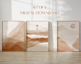 May include: Set of three digital prints featuring watercolor landscapes with inspirational quotes. The quotes are "Faith can move mountains", "He has risen, just as he said", and "You are loved by someone who died for you".
