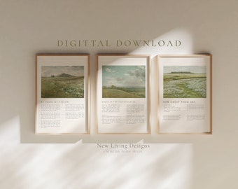 May include: Three framed prints with nature scenes and inspirational Christian quotes. The prints are in a light wood frame and have a white background. The quotes are "Be Thou My Vision", "Great Is Thy Faithfulness", and "How Great Thou Art".
