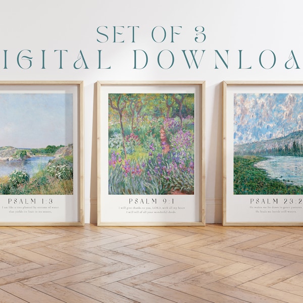 Set of 3 Psalm Collection Printable Wall Art | Digital Download | Monet | Modern Scripture Decor | Bible verse prints | Christian Home Decor