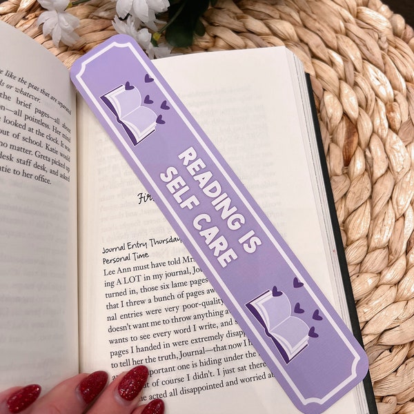 Reading is Self Care Linen Paper Bookmark | Self Love | Present for Book Lover | Reader Gifts | Book Club Swag | Purple Hand Illustrated