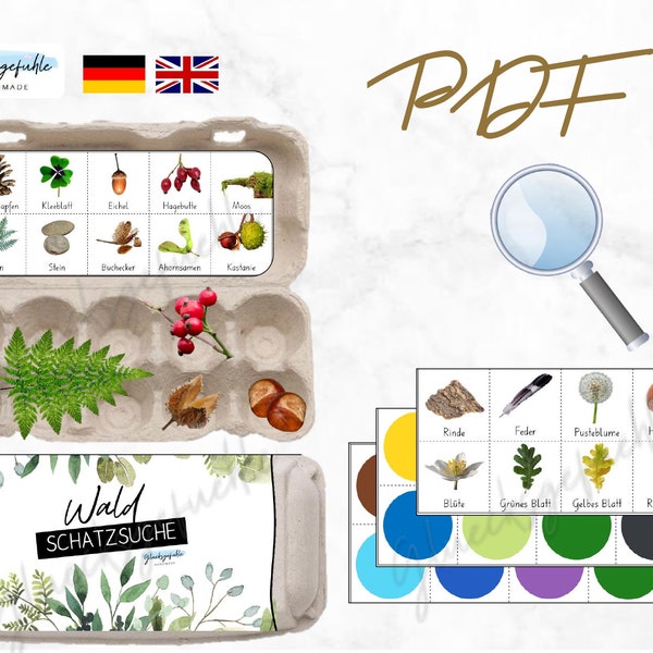 PDF Wald Eierkarton Schatzsuche Schnitzeljagd, PDF Forest Scavenger Hunt, Treasure Hunt Bingo