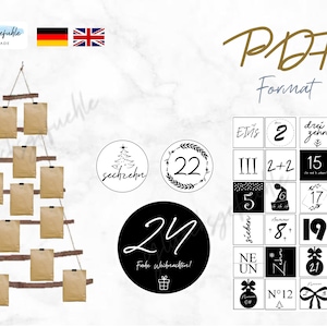 PDF Advent calendar Christmas DIY, advent calendar, xmas, black and white cards, printable