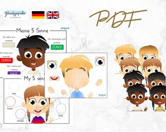 May include: Educational printable PDF featuring illustrations of children and body parts. The image includes the text "My 5 senses" and "Meine 5 Sinne" in English and German, respectively. The product is designed for educational purposes.