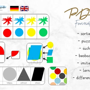 Könnte beinhalten: Ein druckbares PDF-Arbeitsblatt für Kinder mit bunten Formen, Farben und Mustern. Das Arbeitsblatt beinhaltet Aktivitäten wie Sortieren, Puzzeln, Suchen, Beobachten, Nachahmen, Lernen und Differenzieren.