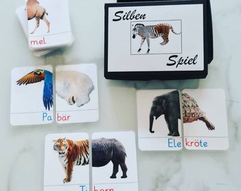 Gioco delle sillabe a metà degli animali, apprendimento, materiale didattico, Montessori, iscrizione scolastica, alfabeto